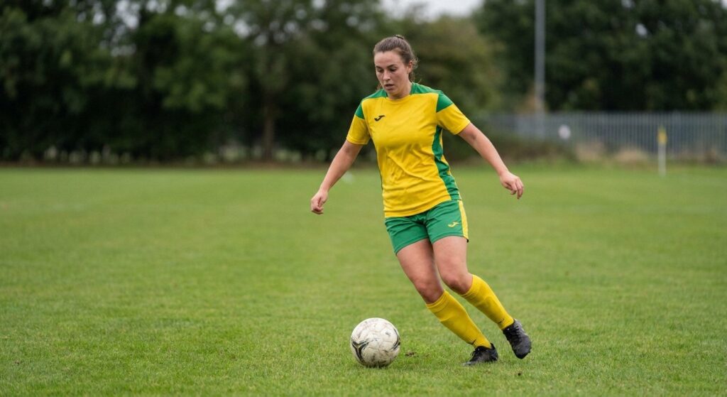 A female soccer player in a yellow and green uniform dribbles a soccer ball on a grass pitch with a blurred background
