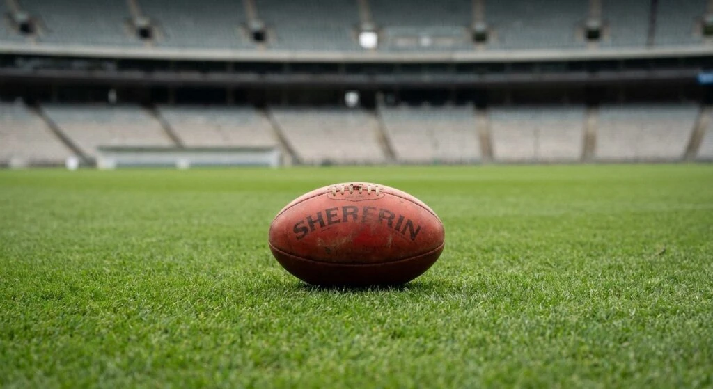 A red Australian rules football sits on green grass. An empty stadium with tiered seating is blurred in the background