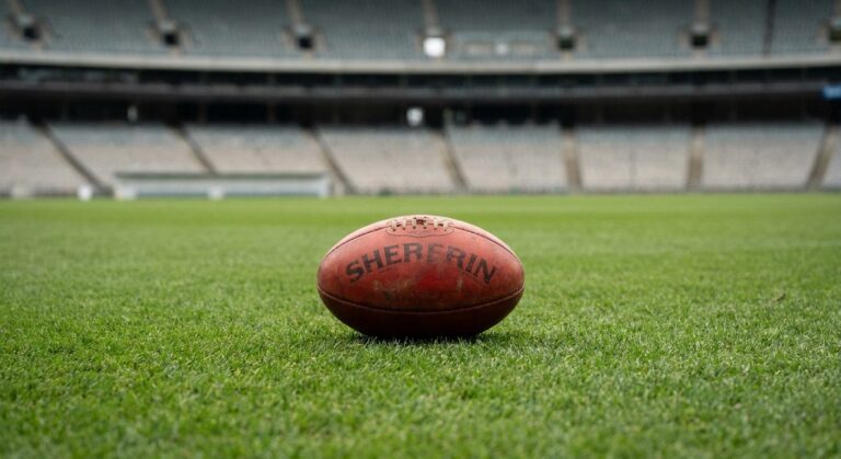 A red Australian rules football sits on green grass. An empty stadium with tiered seating is blurred in the background