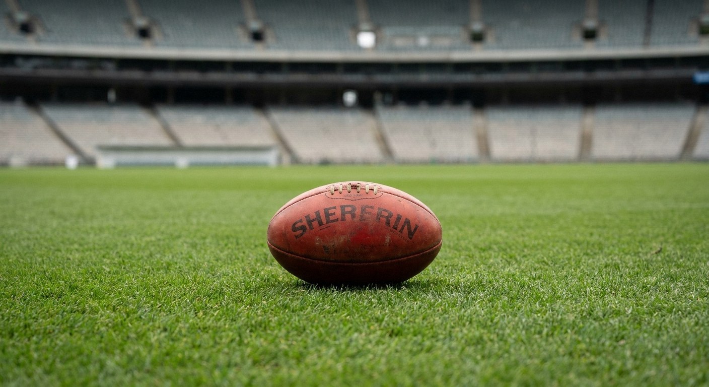 A red Australian rules football sits on green grass. An empty stadium with tiered seating is blurred in the background