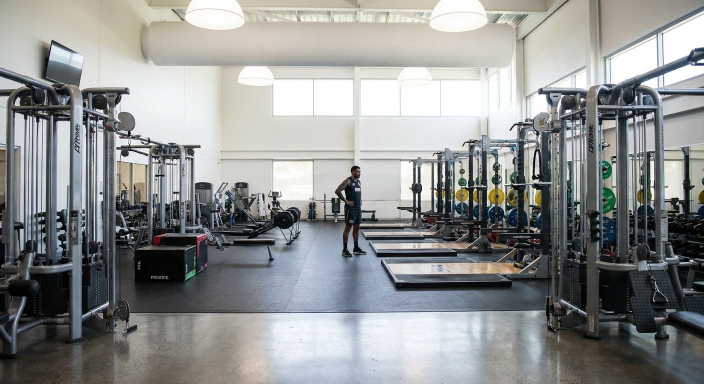 Wide view of a large, well-lit gym with squat racks, weightlifting platforms, and cable machines. A man stands centrally